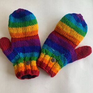 Rainbow convertible fingerless gloves, hand made, wool & fleece lined Wm's M